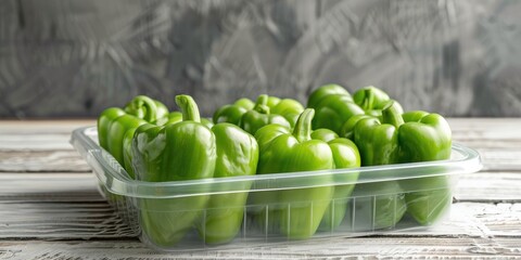 Canvas Print - Vibrant green bell peppers arranged in a plastic container on a light wooden surface, showcasing a vegetable collection.