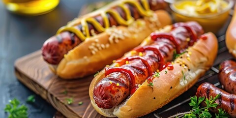 Wall Mural - Sausages served with mustard on a wooden cutting board