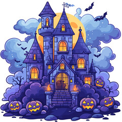 Halloween background with haunted house and pumpkins. Vector illustration.