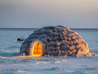 Wall Mural - A reindeer stands outside of a snow hut. The hut is made of ice and snow and is lit up with a light