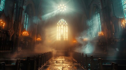 Wall Mural - Mystical Church Interior with Stained Glass and Light Beams