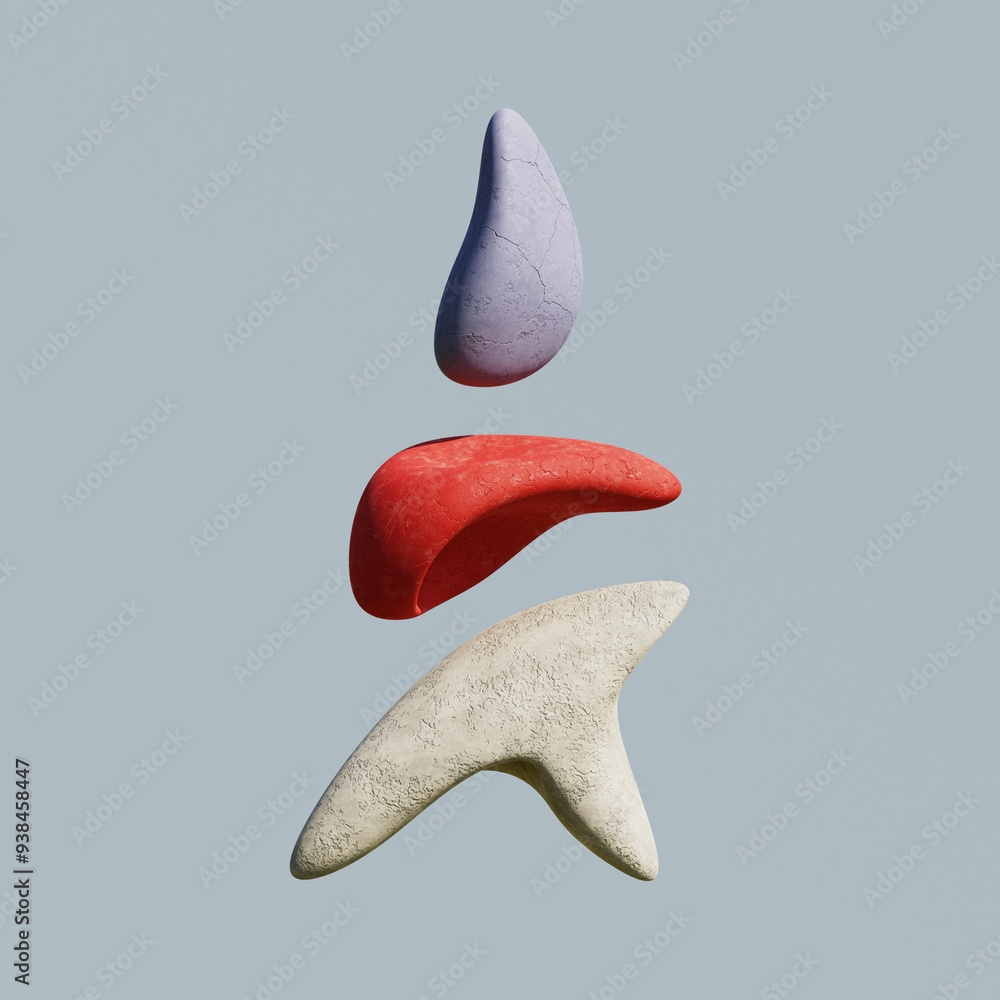 Diseño 3D de tres formas abstractas con textura rocosa suspendidas sobre un cielo azul claro. 