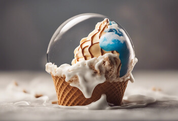 Melting planet earth on ice cream cone on transparent background