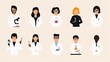 © sa-photo - Group of scientist icons with lab coats, microscopes, and test tubes.