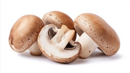 Wall Mural - Three whole mushrooms and one sliced mushroom isolated on a white background.