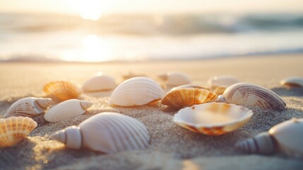 Close-up of seashells scattered across a sunlit beach, with soft, textured sand in the background, perfect for a peaceful, natural backdrop