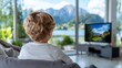 © Pinklife - A child is gazing at a scenic outdoor mountain view while watching TV inside a modern, spacious living room, combining natural beauty and modern indoor entertainment.