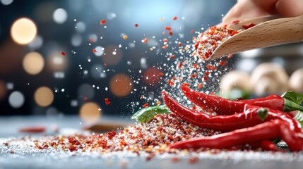 A close-up view of vibrant red chili peppers being sprinkled with a variety of mixed spices, creating a burst of flavor and heat in a culinary setting.