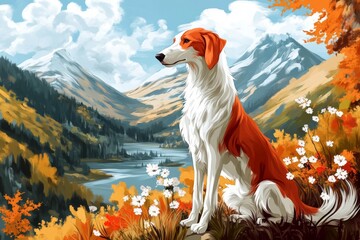 Forest landscape with an elegant dog standing in it.