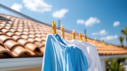 Colorful clothes including a blue shirt and white garments drying outside on a clothesline, with a bright sunny sky and tiled roof of a house in the background.