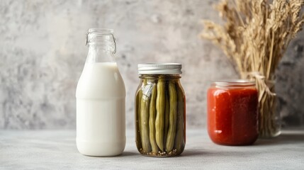 Wall Mural - A jar of preserved vegetables and fresh tomatoes with milk.