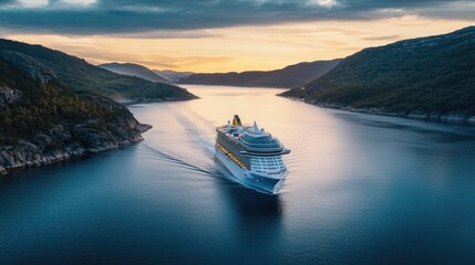 Royal Caribbean ship navigating through calm waters with a dramatic coastline in the background, capturing a sense of adventure and exploration