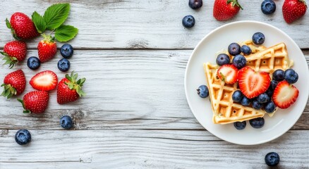 An elegant white plate displays delicious waffles topped with fresh berries and syrup.