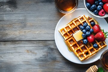 On a white plate, there are delicious waffles topped with strawberries and blueberries.