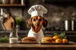 © Avr Anastasia - The dog is standing in front of a pancake plate wearing a chef's hat