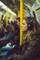 young woman with headphones riding the subway Generative AI