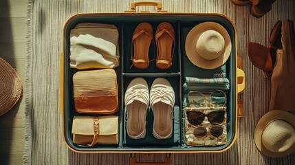 Wall Mural - Open suitcase with travel essentials like shoes, hats, and sunglasses, neatly arranged for a summer vacation, ideal for packing tips