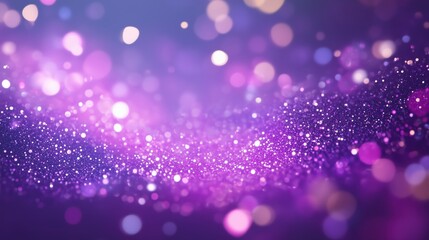 Abstract purple bokeh background with glitter and blurred lights.