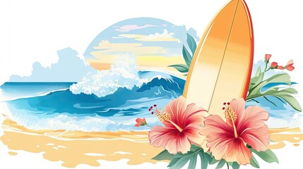 Tropical beach clipart with hibiscus flowers, a surfboard, and gentle waves, offering a bright, vibrant design for summer events