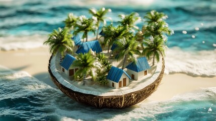 Wall Mural - Coconut houses and palm trees decorate a tropical island