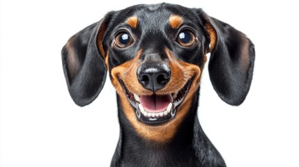 Small dog with black and brown coat smiles at the camera.