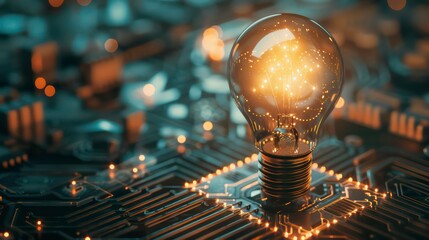 Wall Mural - a glowing light bulb sits on a circuit board, representing a new idea or innovation.