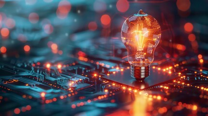 Wall Mural - glowing light bulb with a blurry background of circuit board and bokeh lights.