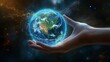 © kinara art design - A hand delicately cradles a glowing Earth, surrounded by a celestial backdrop of twinkling stars and shimmering dust.