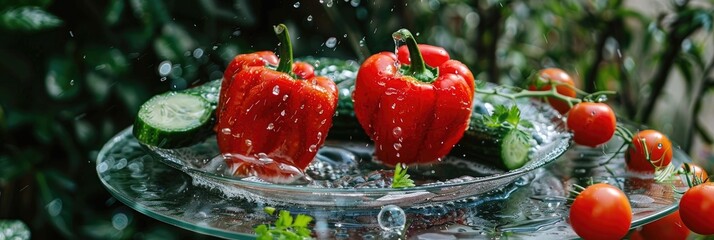 Sticker - Fresh red bell pepper and cucumber arranged on a glass platter in a garden setting, cleaning produce for a summer salad with colorful vegetables from the garden, nurturing and preparing nutritious