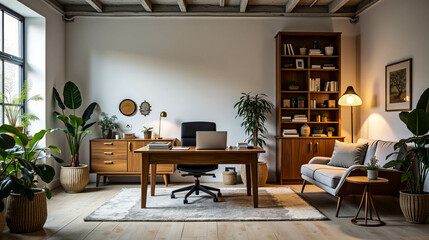 A spacious home office filled with greenery, showcasing a desk, comfortable seating, and stylish wooden furniture, creating a warm and productive environment