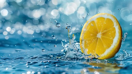 Wall Mural - a slice of lemon falls into water with a splash.