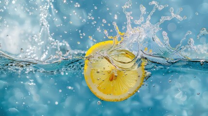Wall Mural - lemon slice submerged in water with splashing water.