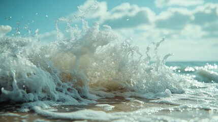 A dramatic shot of ocean waves crashing against the shore, with foamy water spraying up into the air.