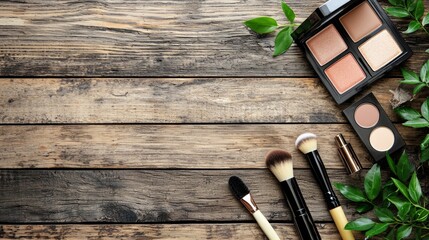 Makeup brush and cosmetics on brown wooden table