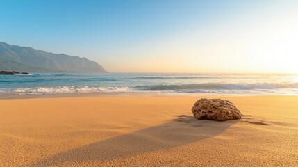 Wall Mural - Sandy Beach with Mountain Landscape and Blue Ocean at Sunset