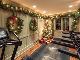 Wall Mural - A gym room with a Christmas tree and wreaths on the wall. The wreaths are red and green and are hanging from the wall