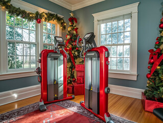 Wall Mural - Two red exercise machines are in a room with a Christmas tree. The room is decorated with Christmas lights and presents