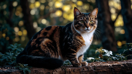 A grey and orange cat lounging in lush green grass, surrounded by nature on a bright, sunny day