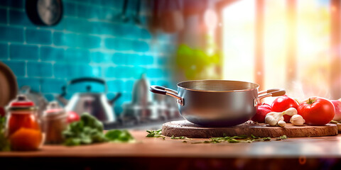 A pot of soup sits on a wooden cutting board with a variety of vegetables including tomatoes, basil, and garlic. The scene is set in a kitchen with a blue brick wall