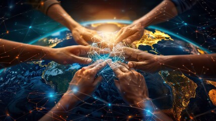 Wall Mural - diverse hands reach out towards a glowing network over a globe, symbolizing global connection and un