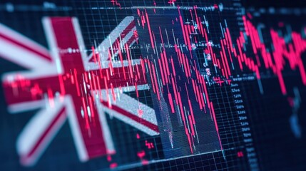 UK Flag with Stock Market Data on Screen