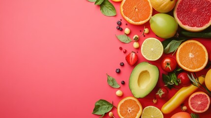 Wall Mural - Healthy food art background with vibrant fruits and vegetables, leaving room for text.