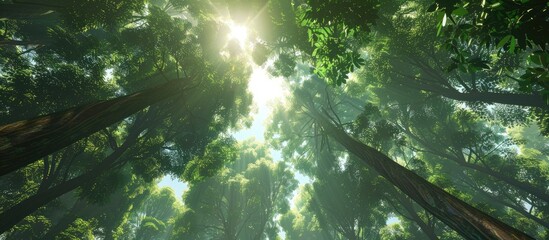 Sticker - Tall Trees Grown Inside Forest With Dense Foliage Covering The Sky On A Sunny Day