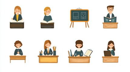 Set of teacher icons in classroom settings, with blackboards and students.