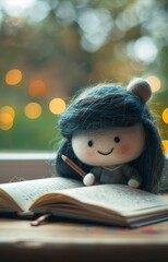 Wall Mural - A doll sitting on top of a book with pencil in hand. AI.