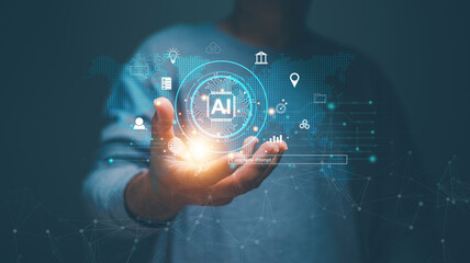Poster - Artificial Intelligence, Futuristic technology transformation, Ai technology, Businessman using technology AI to be assistant in creating information for business. Generate something by AI.