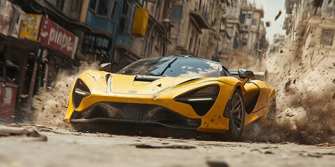 Sleek yellow Sports Car Speeding on an Open Road, Capturing Motion and Power with a Vibrant, Dynamic Background, Ideal for Automotive Photography, High-Performance Vehicles, and Speed-Themed Designs