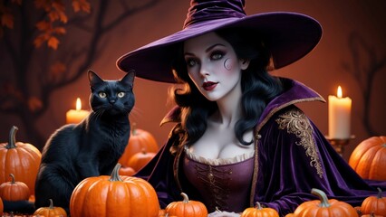 Halloween witch with black cat and pumpkins 