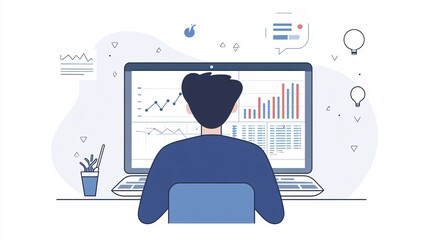 Wall Mural - a product manager analyzing data on a laptop with charts and graphs displayed on the screen, light s