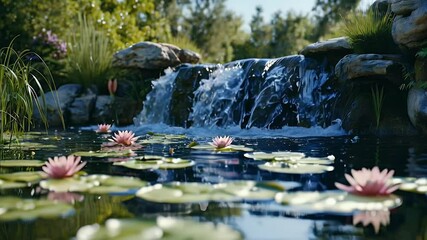 Wall Mural - Waterfall and Water Lily Pond